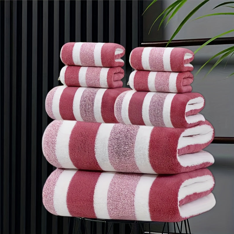 8pcs Set of Lint-Free, Super Absorbent And Super Soft Five-Star Hotel Standard Two-Color Striped Bath Towel Set, Including 2 Large Bath Towels, 2 Large Face Towels And 4 Hand Towels - Quick Drying | with Hanging Loop | Light