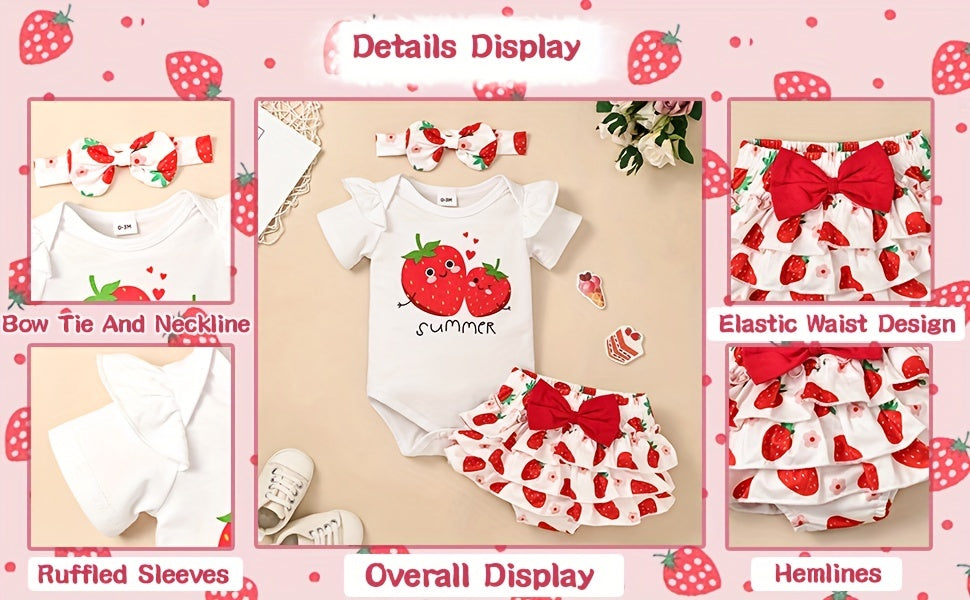 Conjunto de Roupa Infantil para Bebé Menina com Estampado de Abacate: Macacão, Calções e Fita para o Cabelo - 3 Peças - Ideal para o Verão e Atividades ao Ar Livre