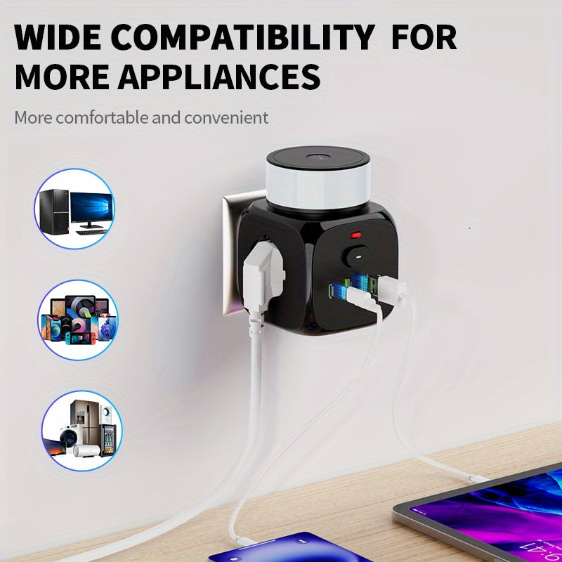 2025 New multifunctional round plug/socket/strip with 3 power outlets, with night light (2 USB-A) (2 TYPE-C), in-line socket, suitable for home, office, kitchen, bathroom and other places, multi-plug outlet, office.