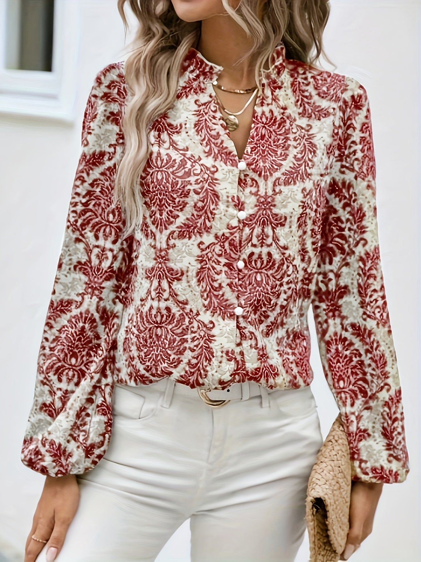 Allover Print Button Front Blouse, Casual Long Sleeve Blouse For Spring & Fall, Women's Clothing