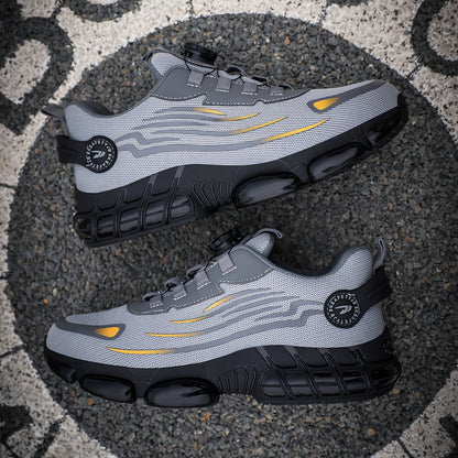 Sapatos de trabalho para homem da moda: leves, confortáveis, duráveis, com sola antiderrapante, biqueira de aço resistente à pressão, tecido respirável, elástico ajustável e design sem fivela.