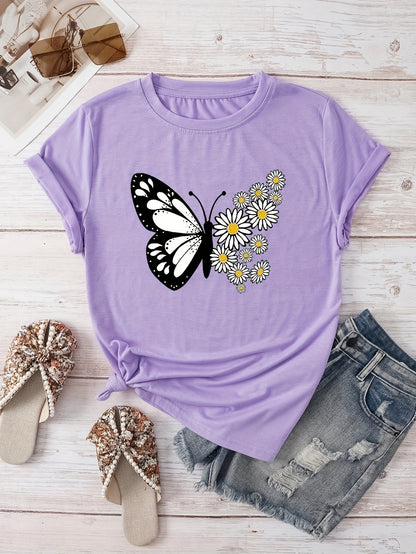 T-shirt casual para mulher com estampado floral de borboletas e margaridas, gola redonda - Verde azeitona, Lavável à máquina, Modelagem regular para looks casuais, Moda para todas as estações, Estilo descontraído, Tecido não transparente