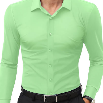 Camisola de homem de manga comprida com corte slim - 55% algodão, 40% poliéster, 5% elastano, cor lisa, para todas as estações, tecido plano, fecho com botões, gola de lapela, ideal para o fim de semana, 125 g/m²