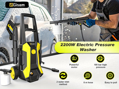 Gisam High-Pressure Washer 2200W 180Bar 480L/H with 8m Hose, Soap Bottle, Foam Nozzle & Lance Gun IPX5 Suitable for Cars/Fences/Gardens/Patios Yellow