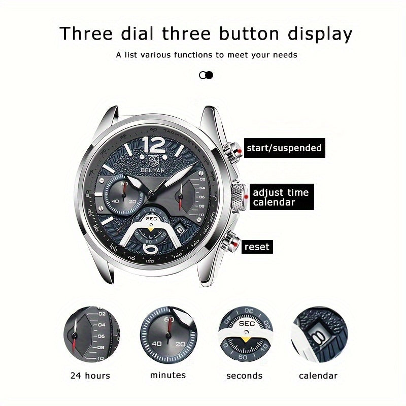 BENYAR Men's Quartz Chronograph Watch with Faux Leather Strap, 30m Waterproof, Fashionable Sport and Business Design, Elegant Gift for Men, Multifunctional, Calendar