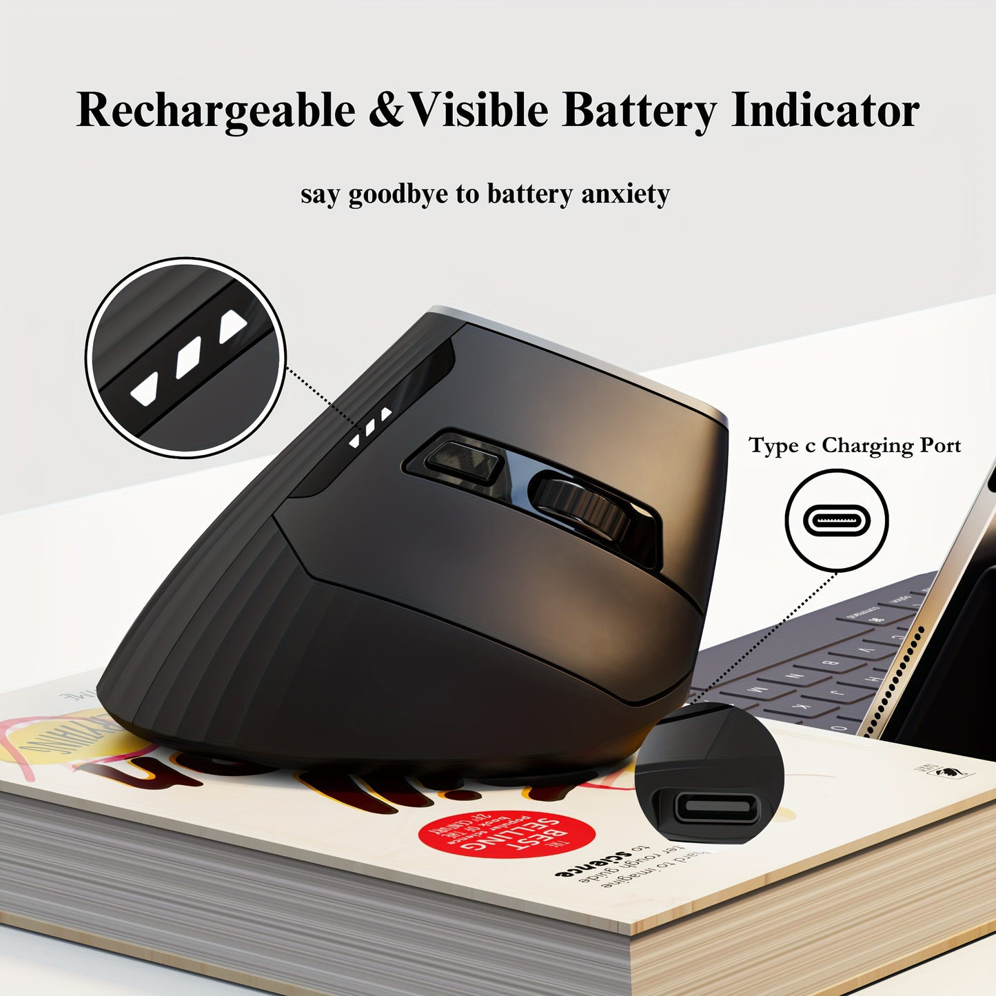 Ergonomic Vertical Wireless Rechargeable Mouse - 3 Modes BT4.0/5.0/USB), Visible Battery Display, 6 Buttons for Office and Study
