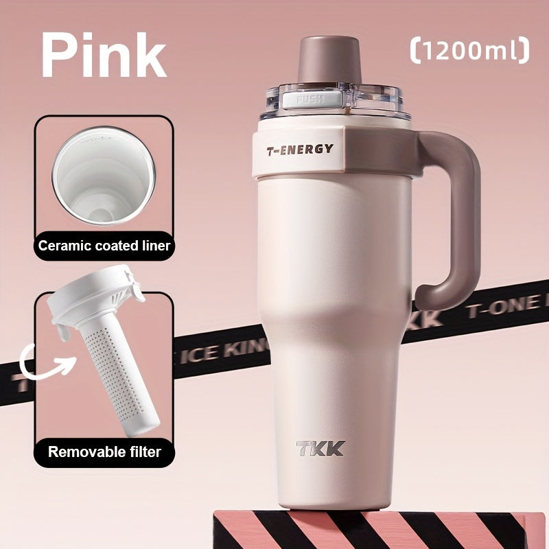 800ml/1200ml Large Capacity Ceramic Coating Liner Stainless Steel Cup Vacuum Keep Warm Cold Mug Cup with Straw Lid Handle for Coffee Coke Carbonated Beverages Ice Leakproof for School Office Outdoor Yoga sports, Travel Coffee