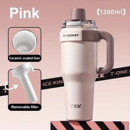 800ml/1200ml Large Capacity Ceramic Coating Liner Stainless Steel Cup Vacuum Keep Warm Cold Mug Cup with Straw Lid Handle for Coffee Coke Carbonated Beverages Ice Leakproof for School Office Outdoor Yoga sports, Travel Coffee