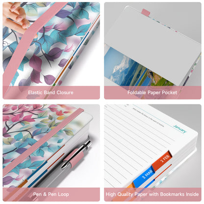 1pc Dzhzal Elegant Floral - Planner with Monthly View, Daily Organizer, Banded Elastic Closure, Pen Loop, Inner Pocket - Compact A5 Notebook (14.48x21.08cm) for Professionals, Students, Personal & Office Use - Perfect Gift Id