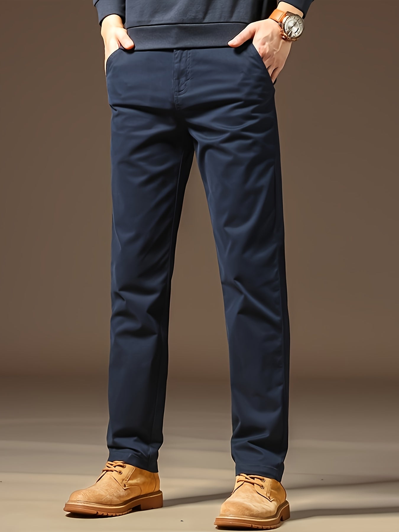 Men's Solid Navy Blue Straight-Leg Dress Pants - All-Season Full-Length Formal & Business Casual Trousers with Zipper Closure, Machine Washable, Durable Comfort Fit for Office, Semi-Formal & Casual Attire - Versatile Solid Co