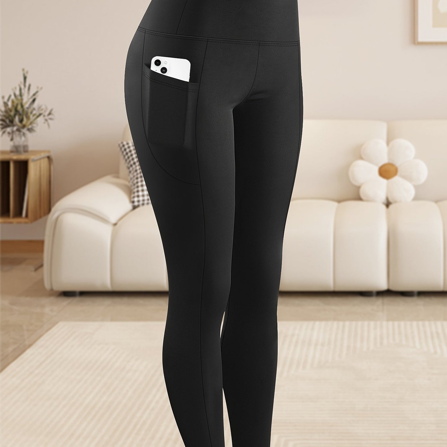 Women'S Plus Size High Waist Tummy Control Leggings with Side Pockets, 88% Polyester 12% Elastane, Knit Fabric, Stretchy Cropped Yoga Pants for Running & Fitness, All Season Solid Color Athletic Skinny Pants