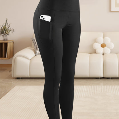 Women'S Plus Size High Waist Tummy Control Leggings with Side Pockets, 88% Polyester 12% Elastane, Knit Fabric, Stretchy Cropped Yoga Pants for Running & Fitness, All Season Solid Color Athletic Skinny Pants