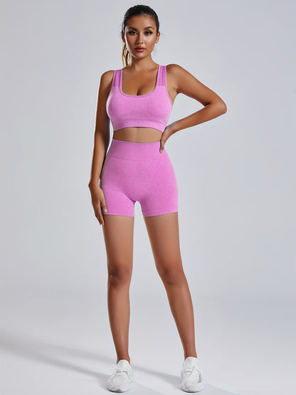 Women'S Seamless Sports Yoga Set, Summer New High Stretch Knit Fabric, Solid Color Polyamide 90% Elastane 10%, Short Length Fitness Gym Wear with Backless Bra and Butt Lifting Yoga Pants