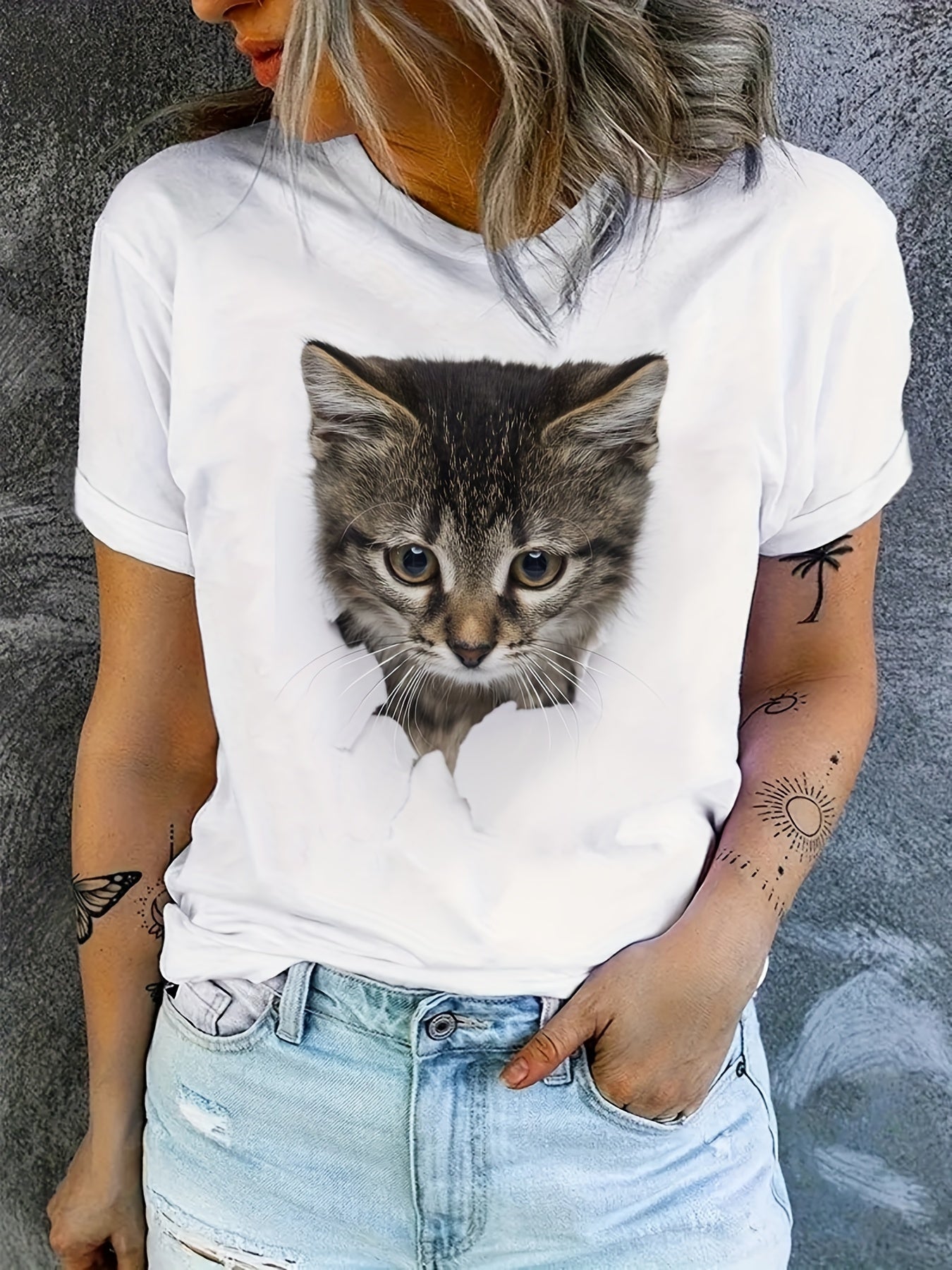 Cute Cat Print T-shirt, Crew Neck Short Sleeve T-shirt, Casual Everyday Tops, Women's Clothing