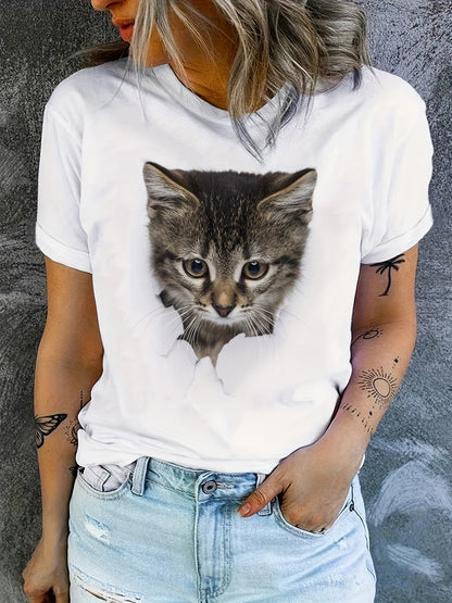 Cute Cat Print T-shirt, Crew Neck Short Sleeve T-shirt, Casual Everyday Tops, Women's Clothing