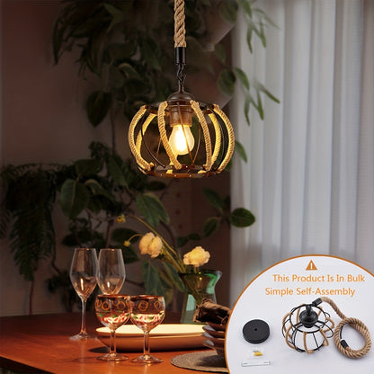 1pc Hemp Rope Chandelier, Industrial Black Metal Cage Shade Hemp Rope Hanging Lamp, Adjustable E26 Chandelier Lighting Kit For Cafe Kitchen Living Room Warehouse Bar (Not Include Bulb)