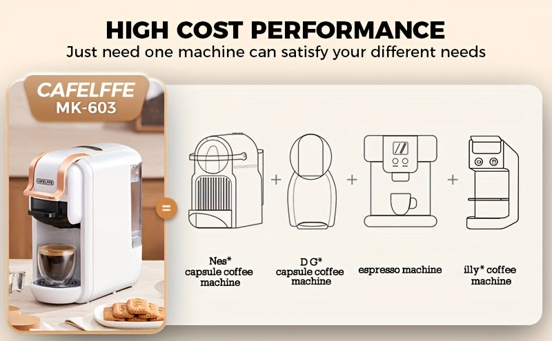 CAFELFFE Multifunctional Capsule Coffee Machine | Italian Espresso Machine | Hot and Cold Use | Quick Heating | Compatible with NES Capsules, DG Capsules, ESEpod | Automatic Coffee Maker for Home and Office | Great Gift for D