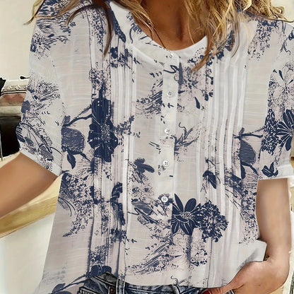 Women's Floral Print A-Line Blouse - Casual Short Sleeve, Round Neck with Front Button Detail, Lightweight Polyester Blend, Perfect for Spring/Summer
