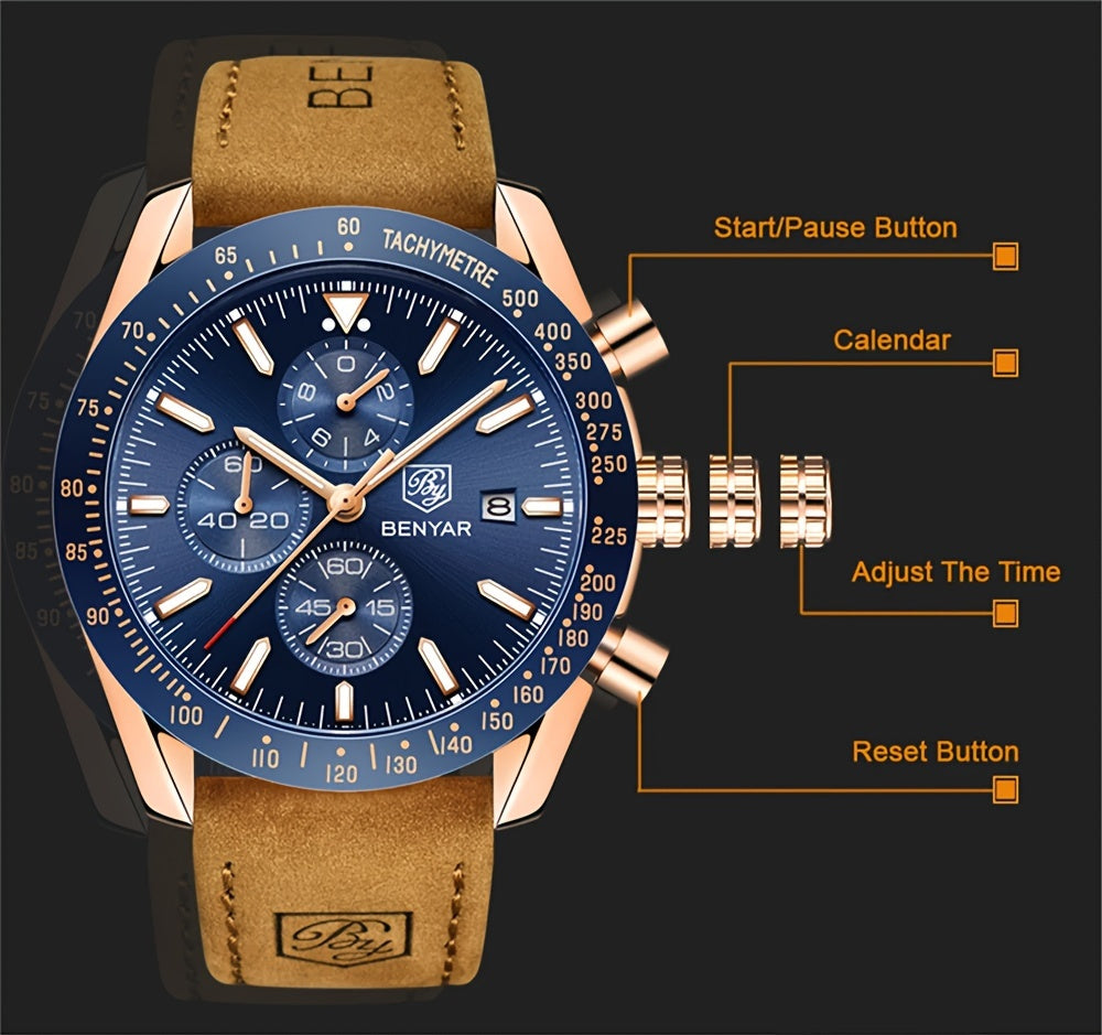 BY BENYAR Men'S Quartz Chronograph Watch - Luminous, Stainless Steel, Blue Dial with Date & Stopwatch, Faux Leather Strap, Elegant Business & Casual Style, Perfect Gift for Men, Professional Chronograph | Sleek Watch Design |