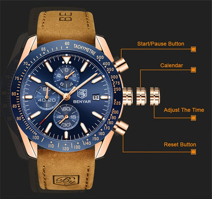 BY BENYAR Men'S Quartz Chronograph Watch - Luminous, Stainless Steel, Blue Dial with Date & Stopwatch, Faux Leather Strap, Elegant Business & Casual Style, Perfect Gift for Men, Professional Chronograph | Sleek Watch Design |