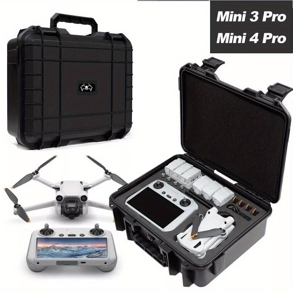 Estojo de transporte protetor para DJI Mini 3/4 e Mini 3/4 Pro, com pega antiderrapante para facilitar o transporte e fecho reforçado.