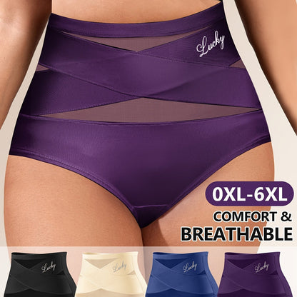 4pcs Plus Size High-Waist Tummy Control Women's Panties, Breathable Mesh Seamless Cross Detail Shapewear Briefs