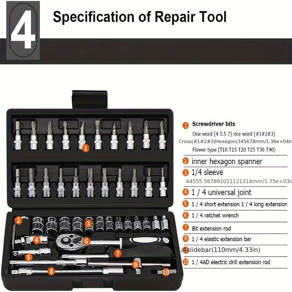 46pcs Motorcycle And Car Repair Toolkit: Ratchet Torque Wrench, Wrench, Screwdriver, Socket Set - Perfect For Motorcycle And Car Repairs!