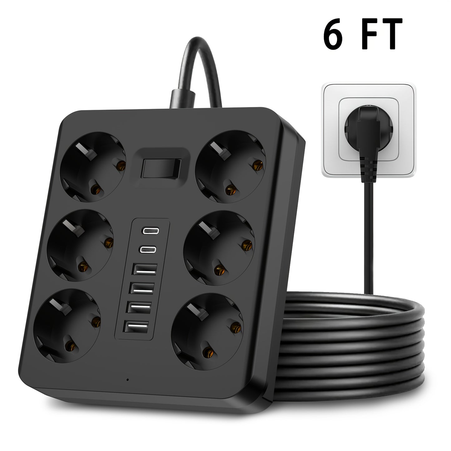 12-in-1 Power Strip with 6 Outlets and 6 USB Ports (2 USB-C) | 182.88cm Flat Plug Wall-Mounted Desktop Charging Station, Suitable for Home Office Dorm Essentials | Multi-Plug Expander