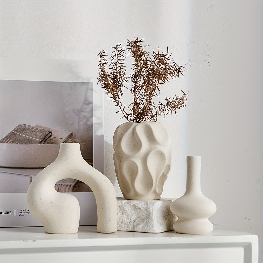 Modern Boho Ceramic Vase Set 3-Piece Geometric White