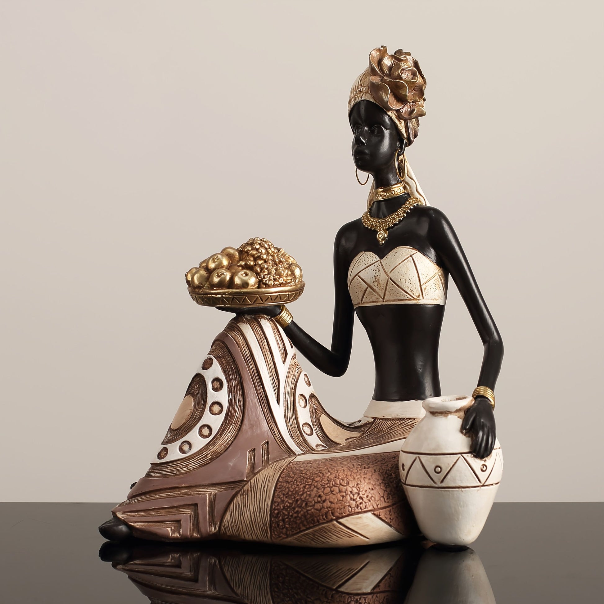 African Woman Sitting Resin Statue Hand-Painted Ethnic Geometric Desk Ornament