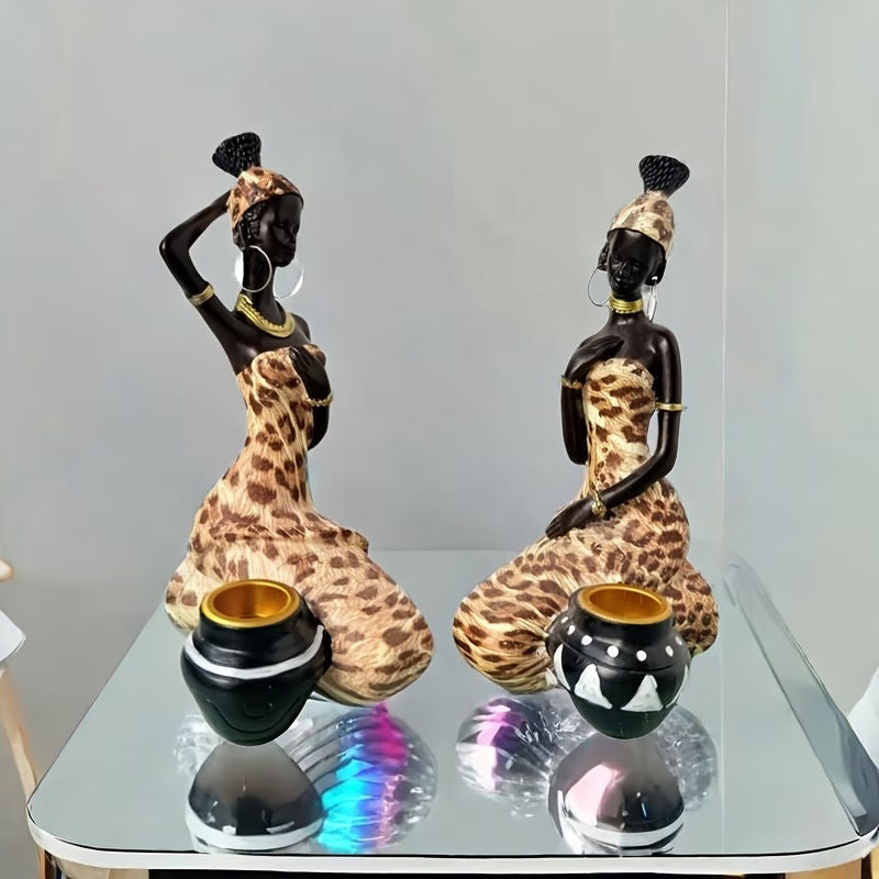 2 Pieces Leopard Print Resin Figurines African Inspired Home Decor