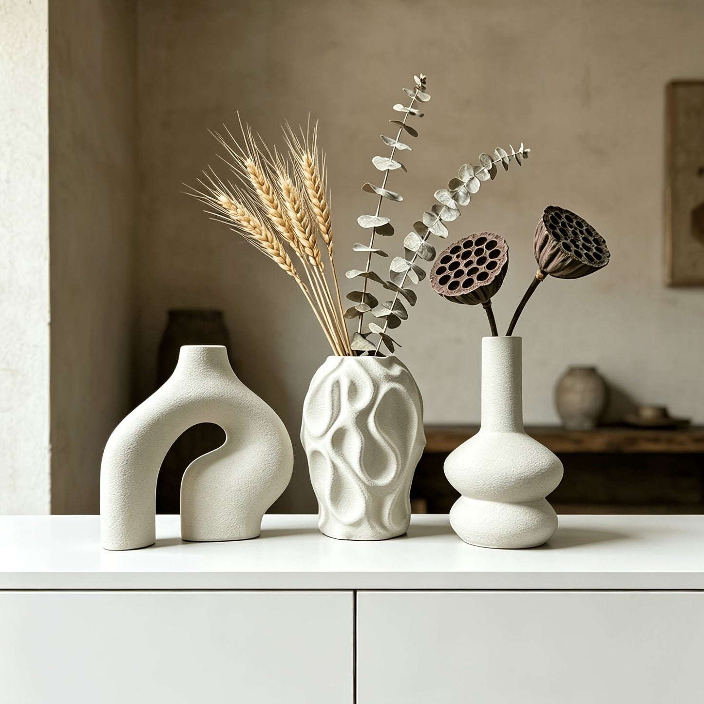 Set of 3 Bohemian Style Cylindrical Vases Irregular Shape