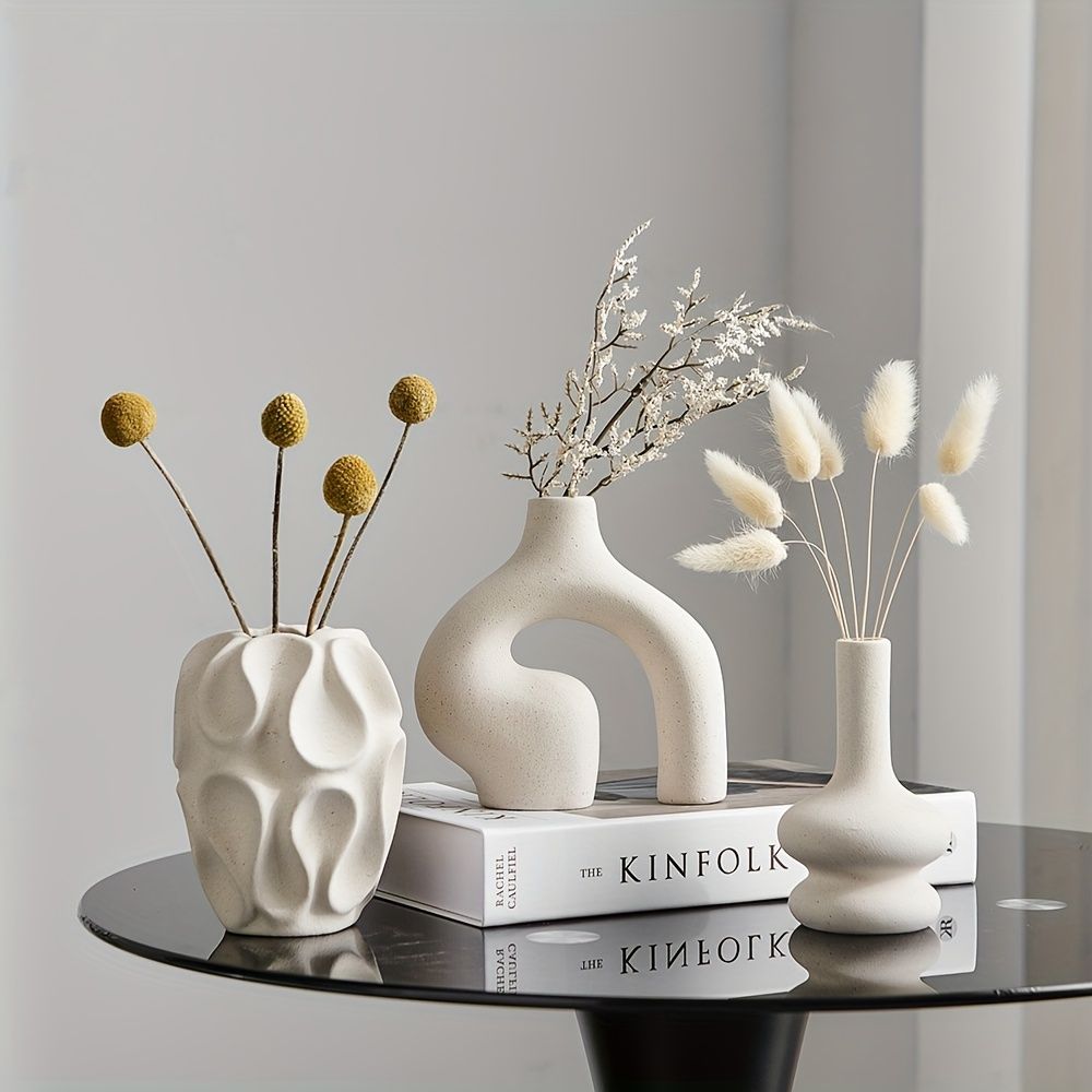 Modern Boho Ceramic Vase Set 3-Piece Geometric White