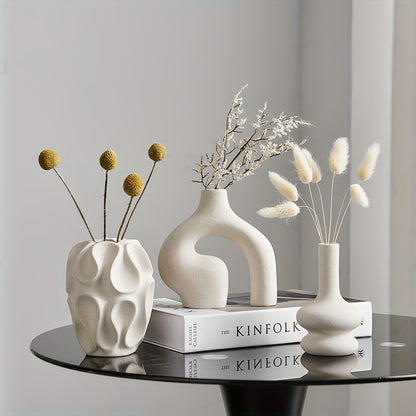 Modern Boho Ceramic Vase Set 3-Piece Geometric White