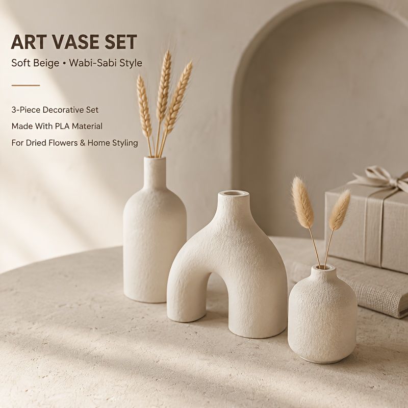 3-Piece Irregular Light Grey PLA Vase Set for Dried Flowers