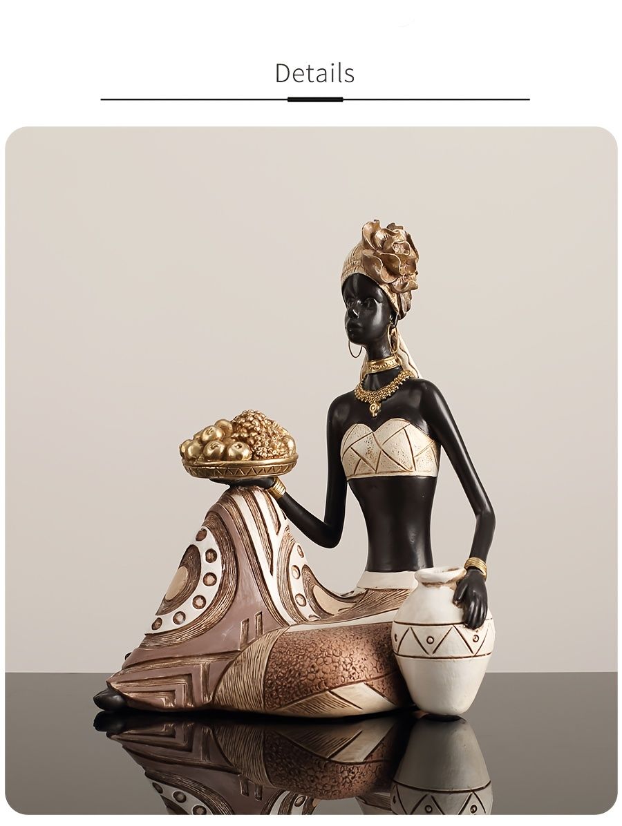 African Woman Sitting Resin Statue Hand-Painted Ethnic Geometric Desk Ornament