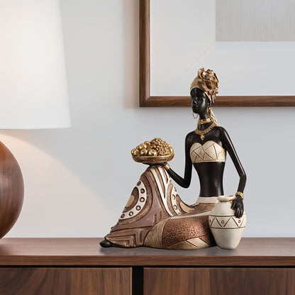 African Woman Sitting Resin Statue Hand-Painted Ethnic Geometric Desk Ornament