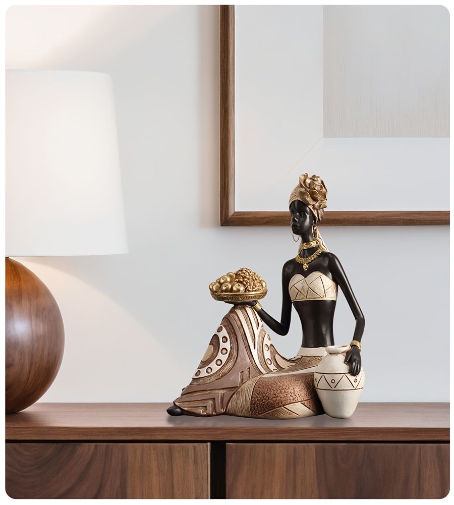 African Woman Sitting Resin Statue Hand-Painted Ethnic Geometric Desk Ornament