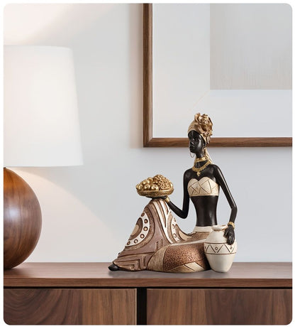African Woman Sitting Resin Statue Hand-Painted Ethnic Geometric Desk Ornament