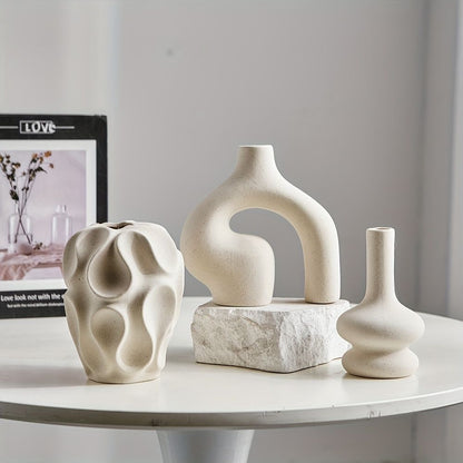 Modern Boho Ceramic Vase Set 3-Piece Geometric White
