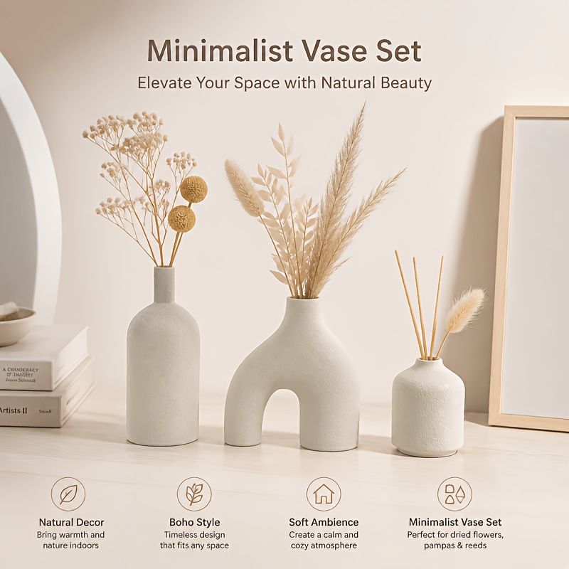 3-Piece Irregular Light Grey PLA Vase Set for Dried Flowers