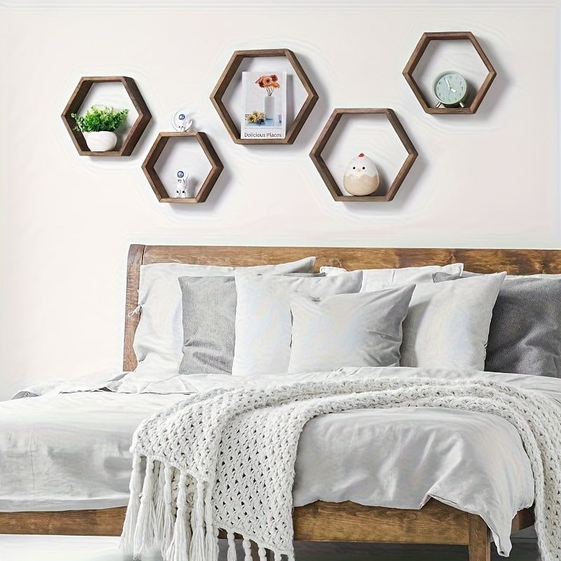 Hexagonal Floating Wall Shelf Set 3 Small Medium Large Driftwood