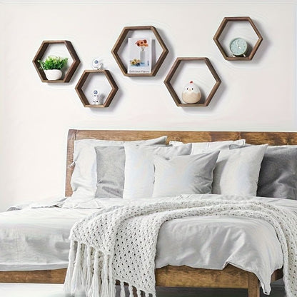 Hexagonal Floating Wall Shelf Set 3 Small Medium Large Driftwood