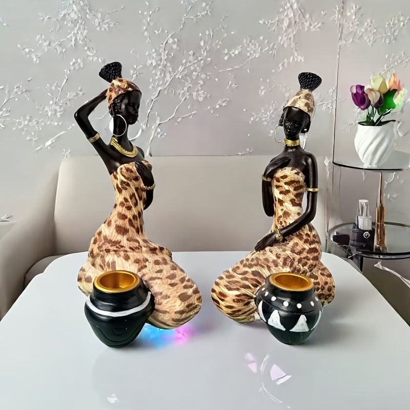 2 Pieces Leopard Print Resin Figurines African Inspired Home Decor