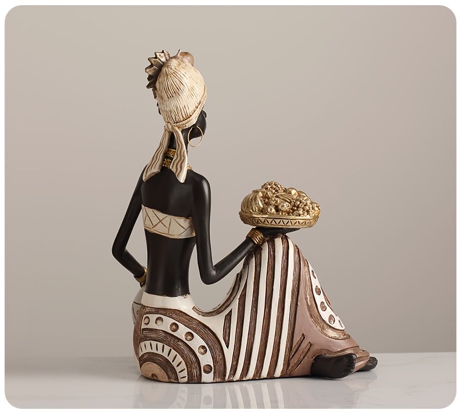 African Woman Sitting Resin Statue Hand-Painted Ethnic Geometric Desk Ornament