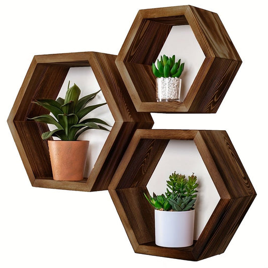 Hexagonal Floating Wall Shelf Set 3 Small Medium Large Driftwood