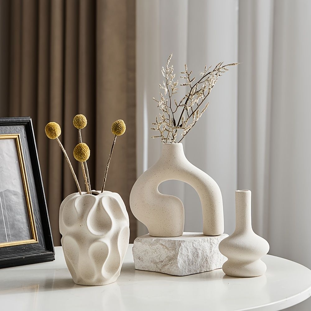 Boho White Ceramic Vase 3-Piece Set for Shelf Decor
