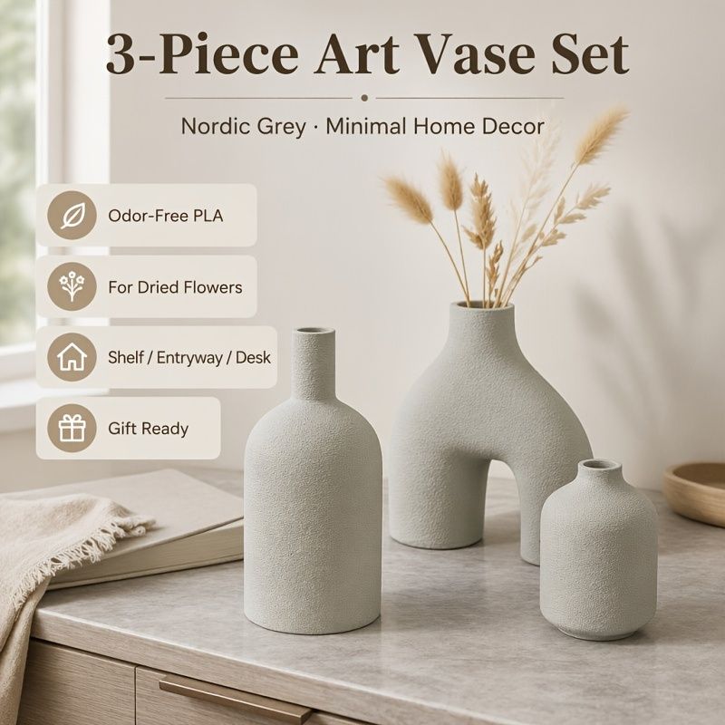 3-Piece Irregular Light Grey PLA Vase Set for Dried Flowers