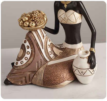 African Woman Sitting Resin Statue Hand-Painted Ethnic Geometric Desk Ornament