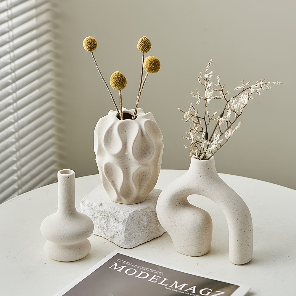 Modern Boho Ceramic Vase Set 3-Piece Geometric White